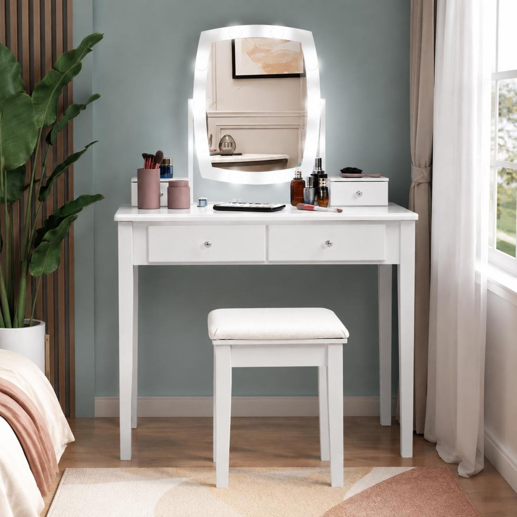 White Vanity Table Set with Lighted Mirror 10 Dimmable Bulbs 4 Drawers Padded Stool Mdf Wood Frame