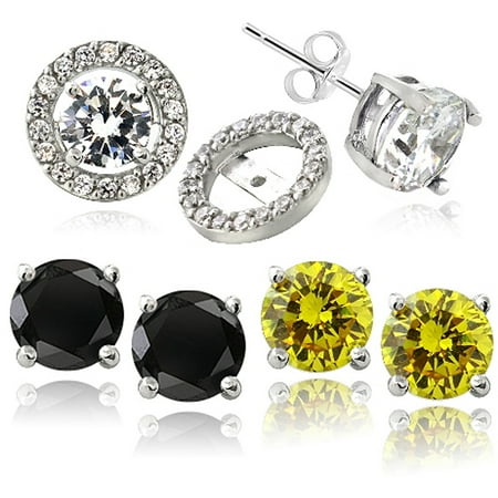 - Black, Clear and Yellow CZ Sterling Silver Stud with Halo CZ Earring Jacket, Set of 3