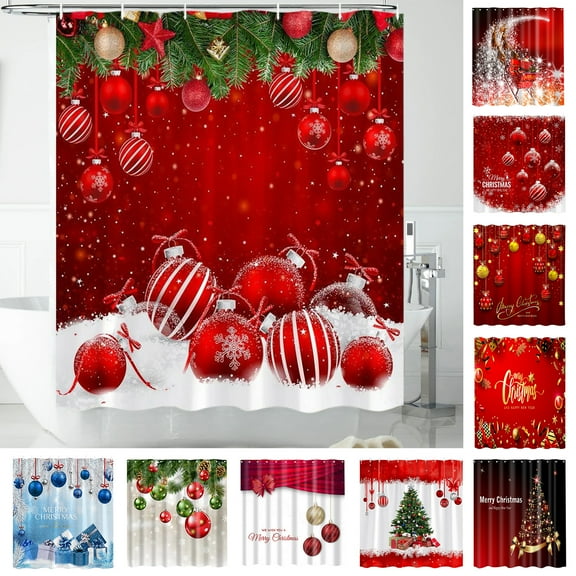 PALIFEUR Christmas Shower Curtain, Merry Xmas Balls with Red Background Shower Curtain Liner, Waterproof Shower Curtains for Bathroom, Christmas Decorations,Cortinas De Baño, 71L x 35.5W Inch