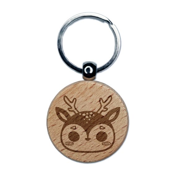Charming Kawaii Chibi Deer Face Blushing Cheeks Round Keychain Charm Tag - Engraved Wood