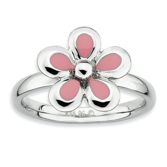 Sterling Silver Polished Pink Enameled Flower Ring