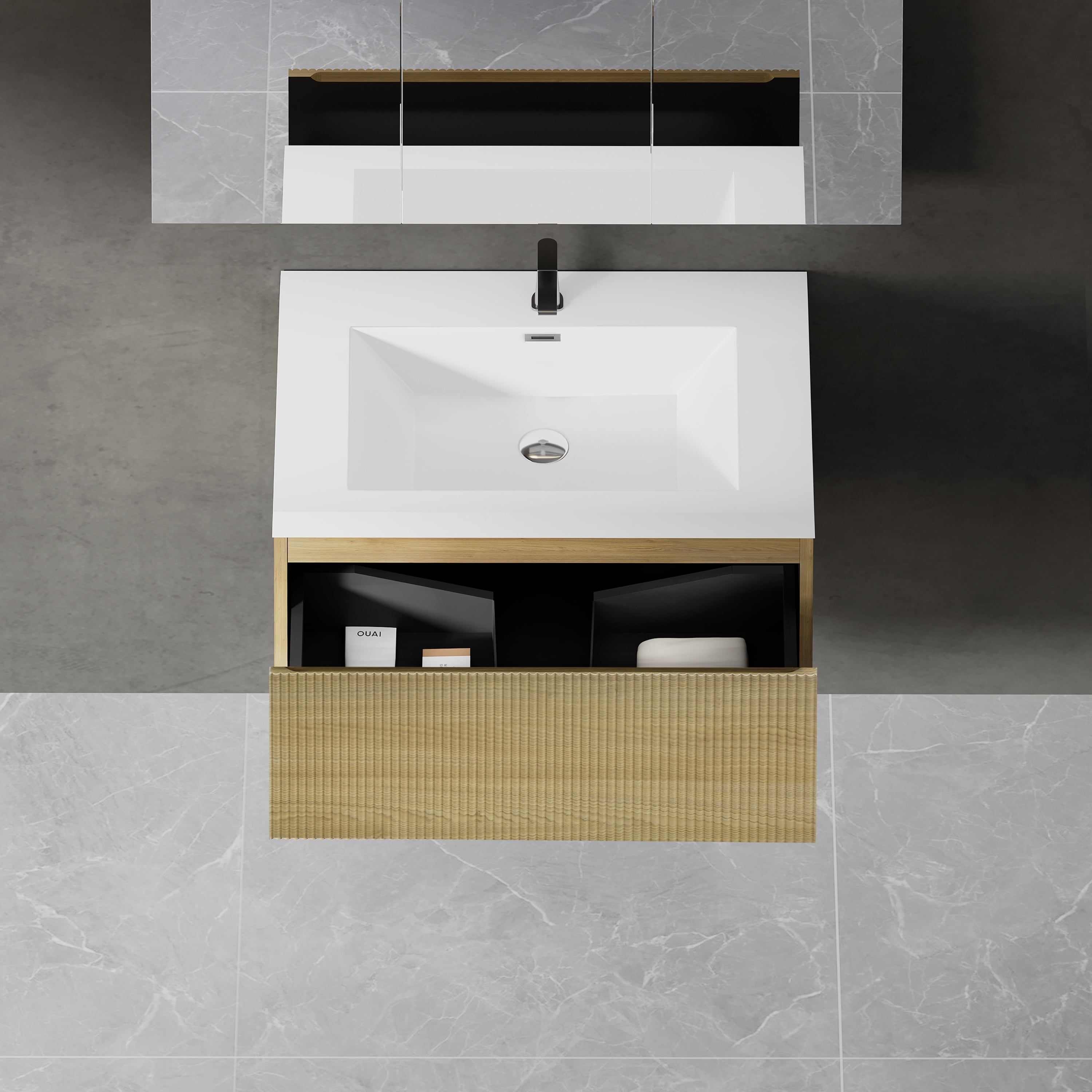 Yoneston 30" Floating Bathroom Vanity, Modern Wood Wall-Mounted Striped Bathroom Storage Cabinet with Soft Close Drawer and Glossy White Solid Surface Basin, Natural