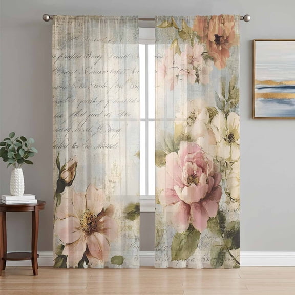Farmhouse Pink Floral Semi Sheer Curtains 84 Inch Length 2 Panels Set, Spring Vintage Botanical Flowers Sheer Kitchen Curtain Privacy Voile Window Curtain for Living Room Bedroom Rod Pocket Drapes