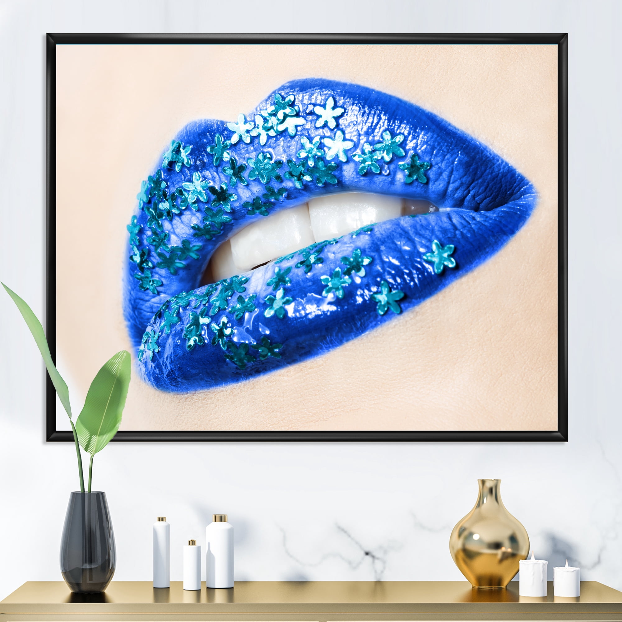 Designart 'Beautiful Woman Lips Blue With Flowers' Modern Framed Canvas Wall Art Print