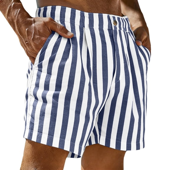 Migroa Mens Mid Waist Stripe Shorts Formal Casual Breathable Summer Bottoms Lightweight Holiday Beach Shorts with Pockets Blue L