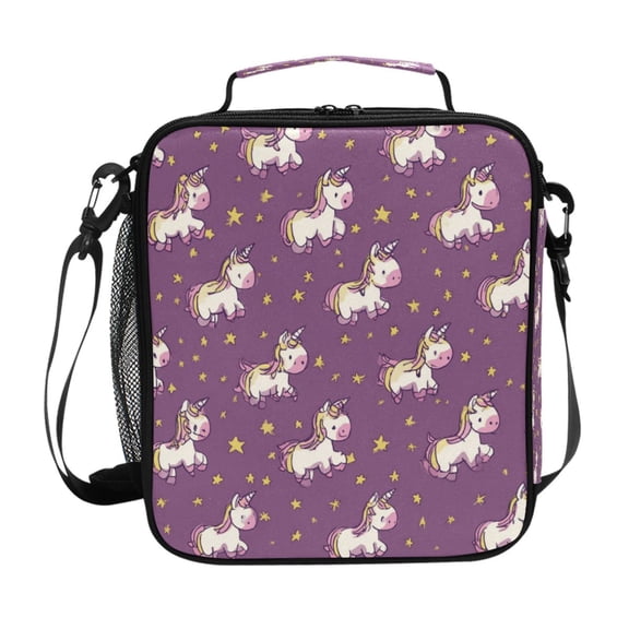 Insulated Square Lunch Bag with Side Mesh Pocket Fashion Lunch Box Reusable Lunch Tote 10.5" x9.5" x3.5" Cartoon Unicorns and Stars