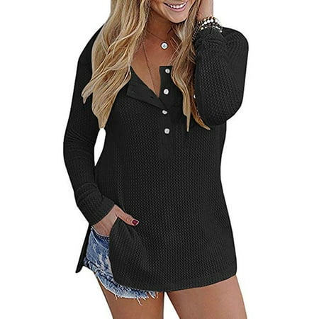 - Womens Henley Sweater Fall Button Down Pullover Knit Long Sleeve Loose Fit Jumper Tops