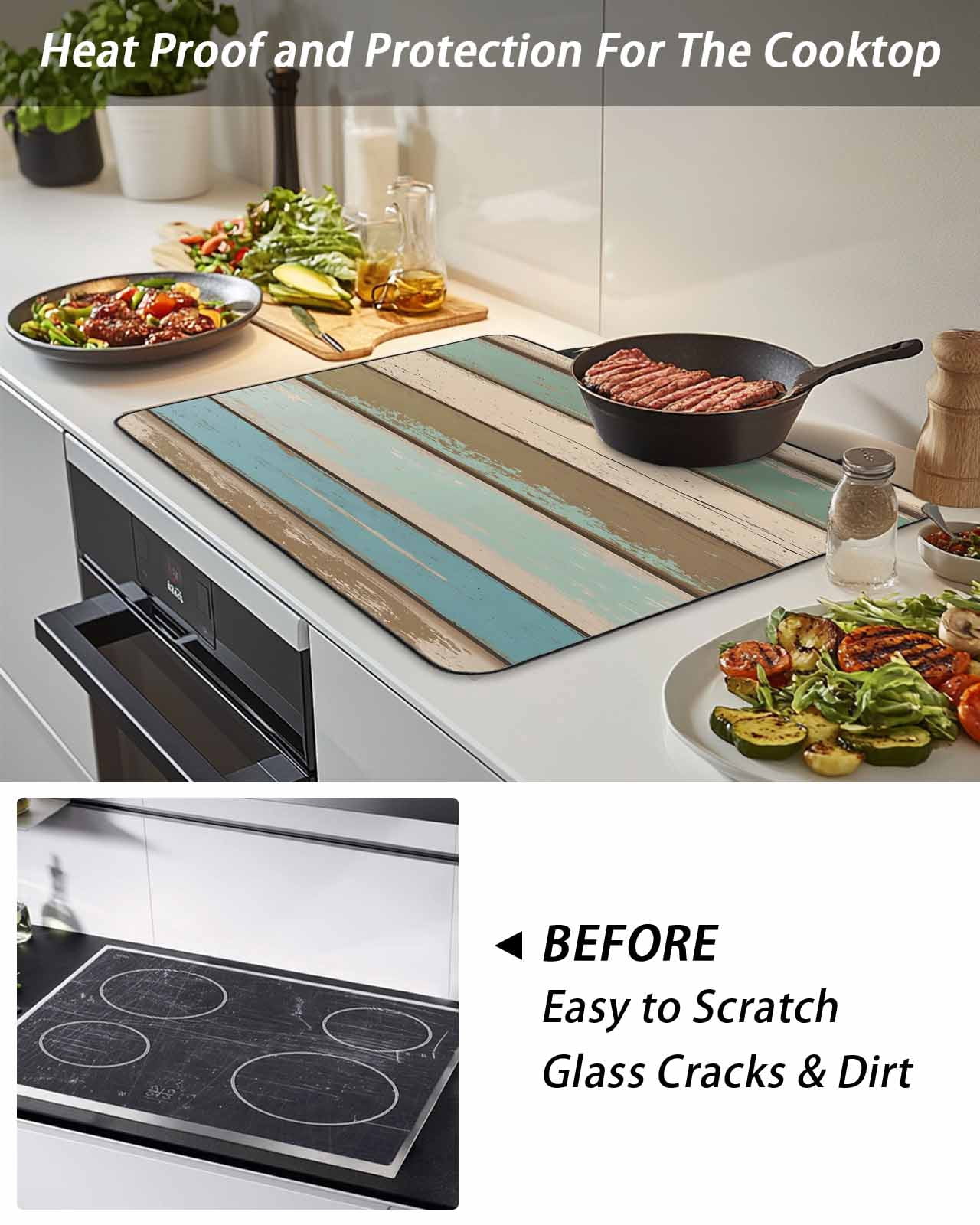 Stove Top Covers for Electric Stove, Green Blue Brown Farmhouse Glass Stovetop Cover Protector, Vintage Wood Induction Cooktop Protector Oven Mat for Kitchen Countertop 24"x21"