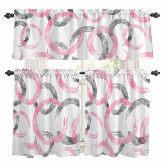Pink Grey Kitchen Curtains Sets for Windows 24 Inch Length, Geometric Circle Modern Abstract Simple Art Rod Pocket Window Treatments Tier Curtains and Valances Set for Bedroom/Bathroom