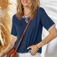 thumbnail image 4 of Women Casual Round Neck Solid Color Short Sleeve T Shirt 2025 Knit Contrast Trim Top for Spring Summer Daily Wear and Outfits, 4 of 5