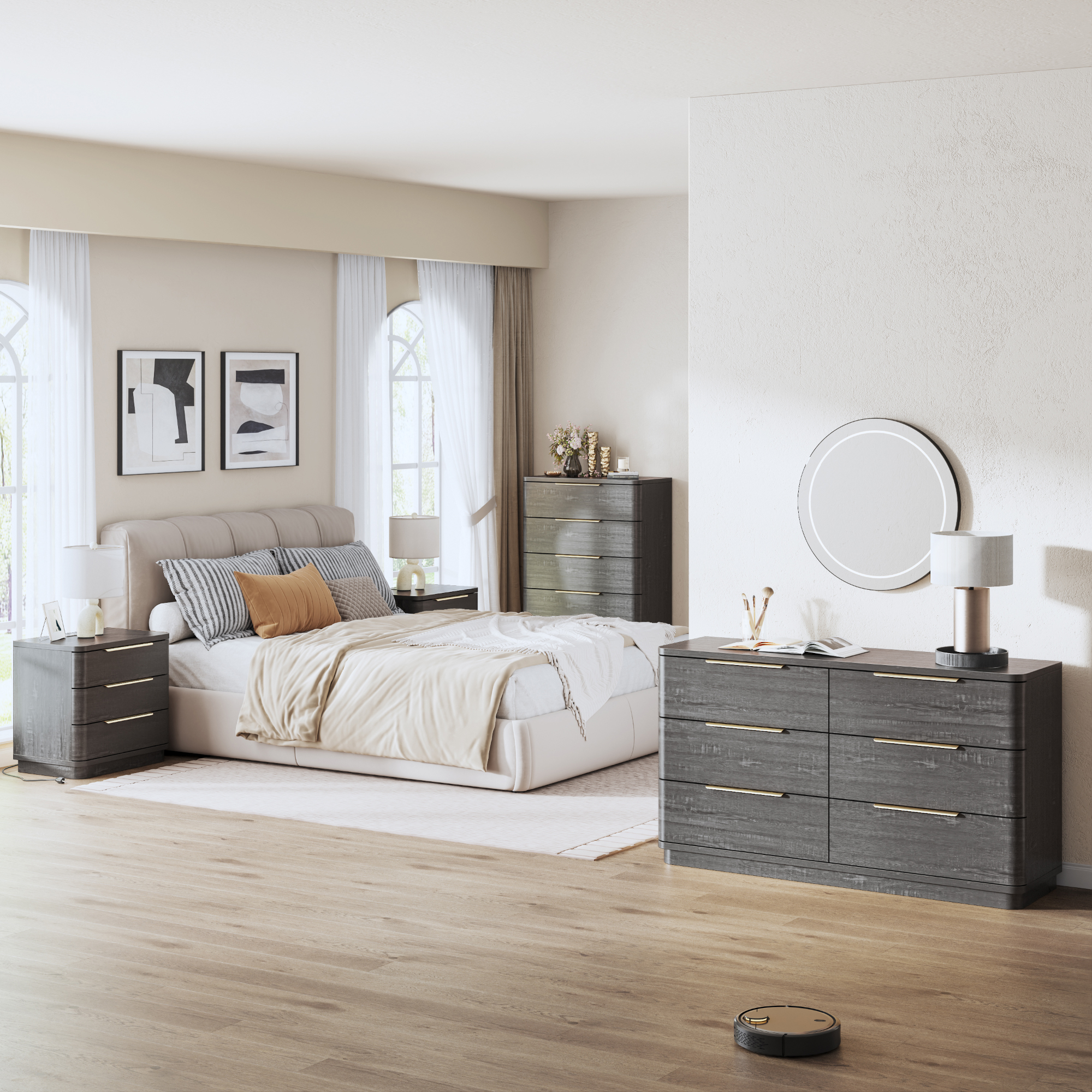 54" Wide Wood Dresser with 6 Drawers, Chest of Drawers for Bedroom, Hallway, Living Room, Wooden Dresser TV Stand, Black