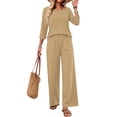 thumbnail image 2 of Stralyhd Womens Lounge Sets Matching Set Trendy 3/4 Length Sleeve Crewneck Top Baggy Wide Leg Pants 2 Piece Fall Fashion Clothing Khaki L, 2 of 6