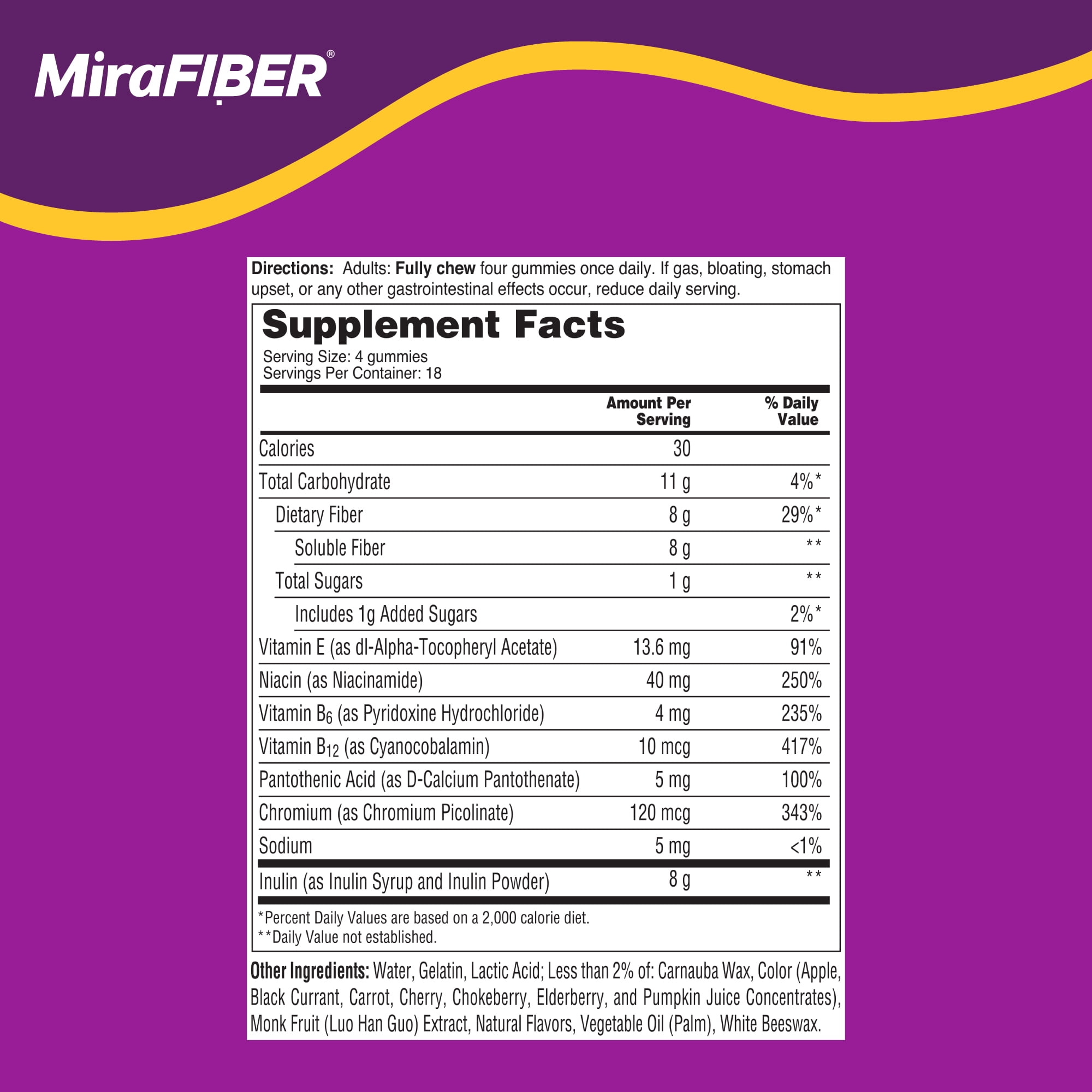 MiraFIBER Gummies, From The Makers of MiraLAX, 8g Per Serving, with B Vitamins, Metabolism Support, Gut Health for Men & Women, Prebiotic Fiber Gummies for Adults, Mixed Fruit Flavor 72 Count
