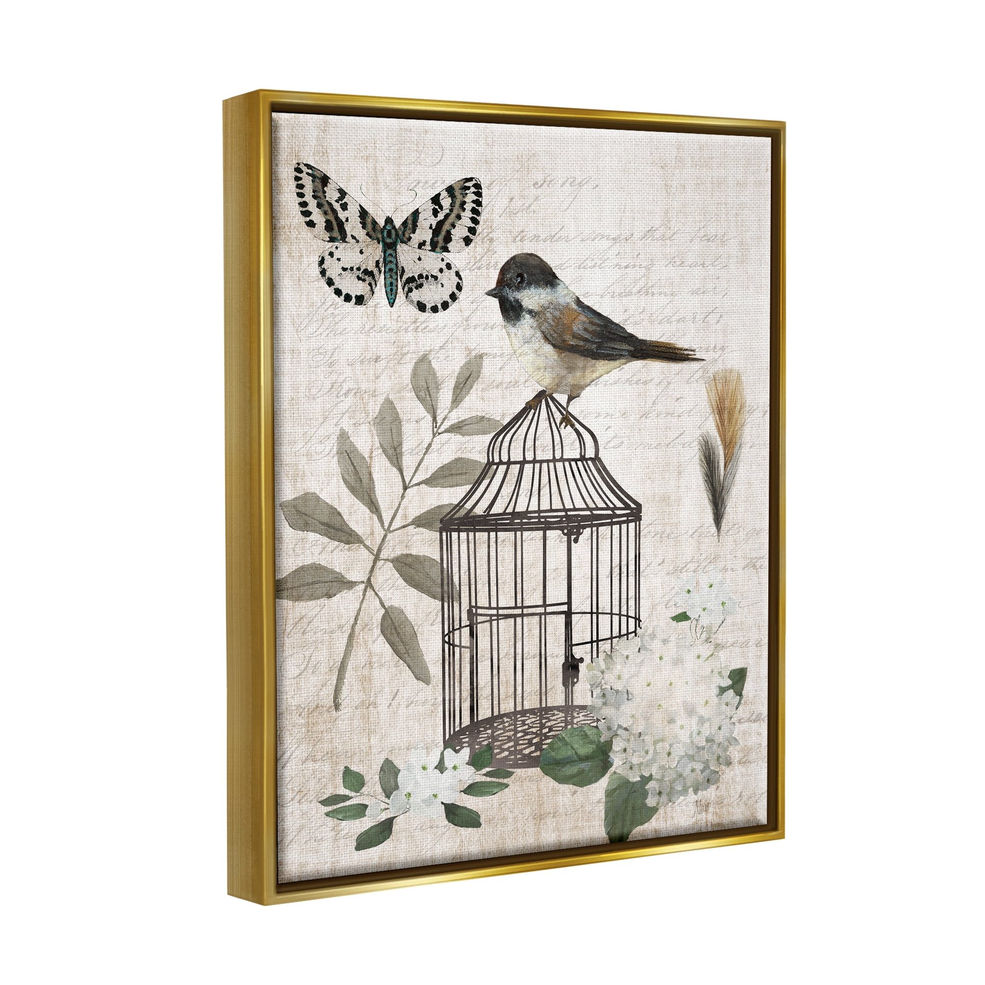 Stupell Industries Botanical Bird Cage Vintage Words Butterfly Motif Graphic Art Metallic Gold Floating Framed Canvas Print Wall Art, Design by Nan