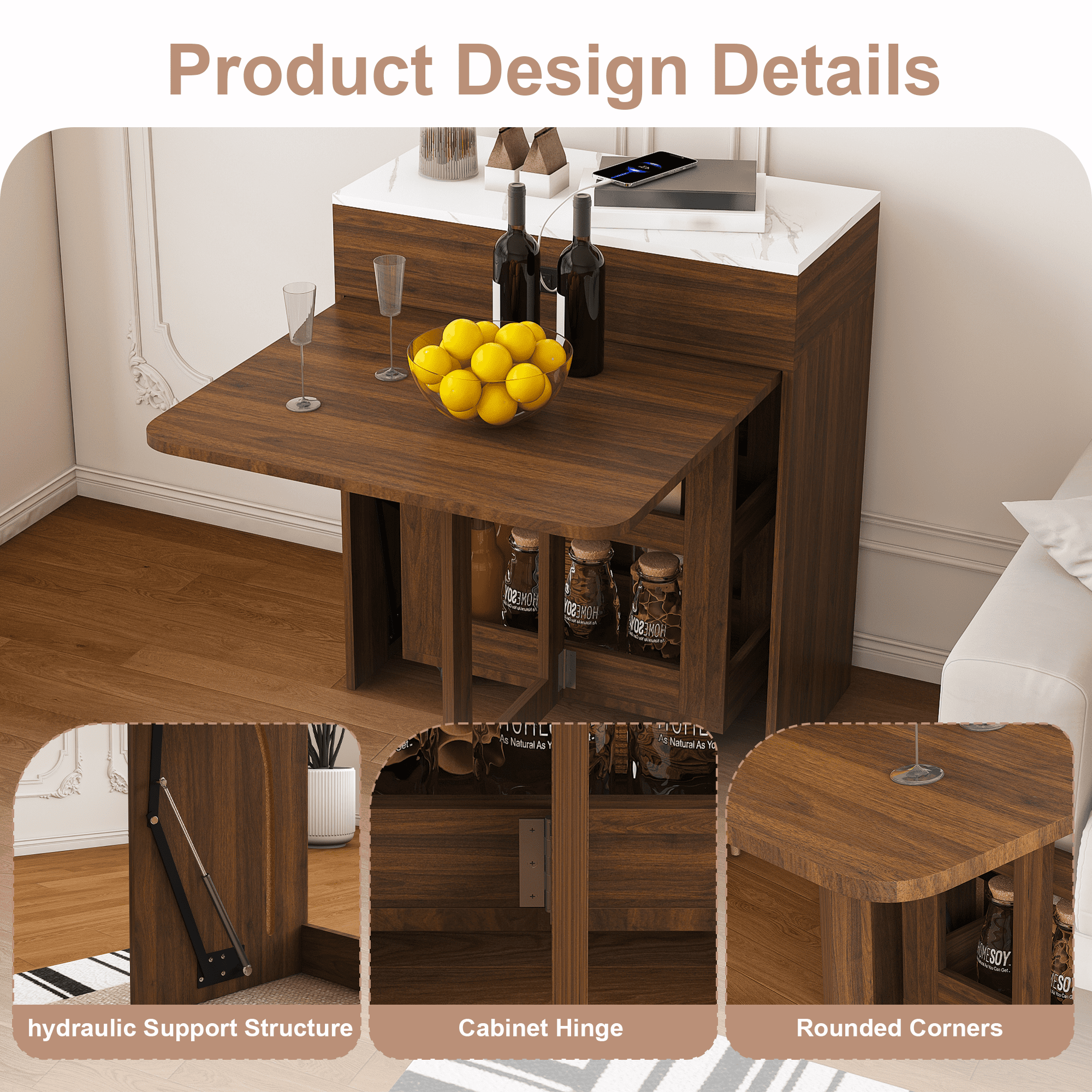 Mintazer Expandable Rolling Kitchen Island Dining Table with Power Outlet, Multi‑Mode Telescopic Folding Table with Lockable Casters & Storage Compartments for Small Apartment, Walnut