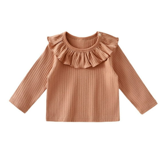 Toddler T Shirts for Girls with Ruffles Brown Long Sleeve T-Shirts Kids Crewneck Basic Tees Fall Clothes Girl Tops 1-2 Years
