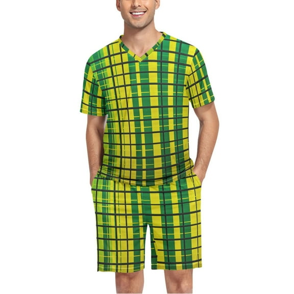 joogoo Men's Pajama Set Green and Yellow Plaid V-Neck Pj Shorts Set 2 Piece Loungewear Sleepwear L