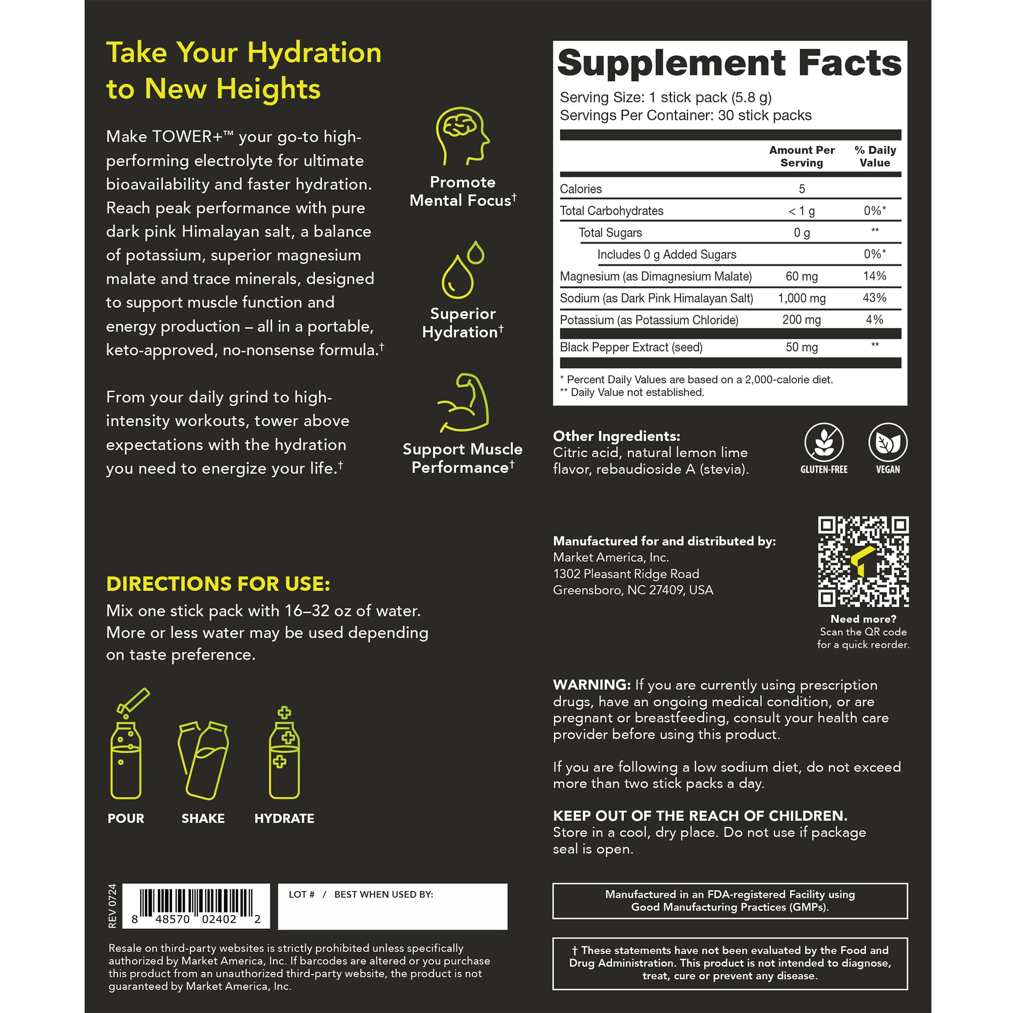 Tower+™ Electrolyte Mix – Sugar-Free Powder Mix - Fast Hydration (30 Packets)