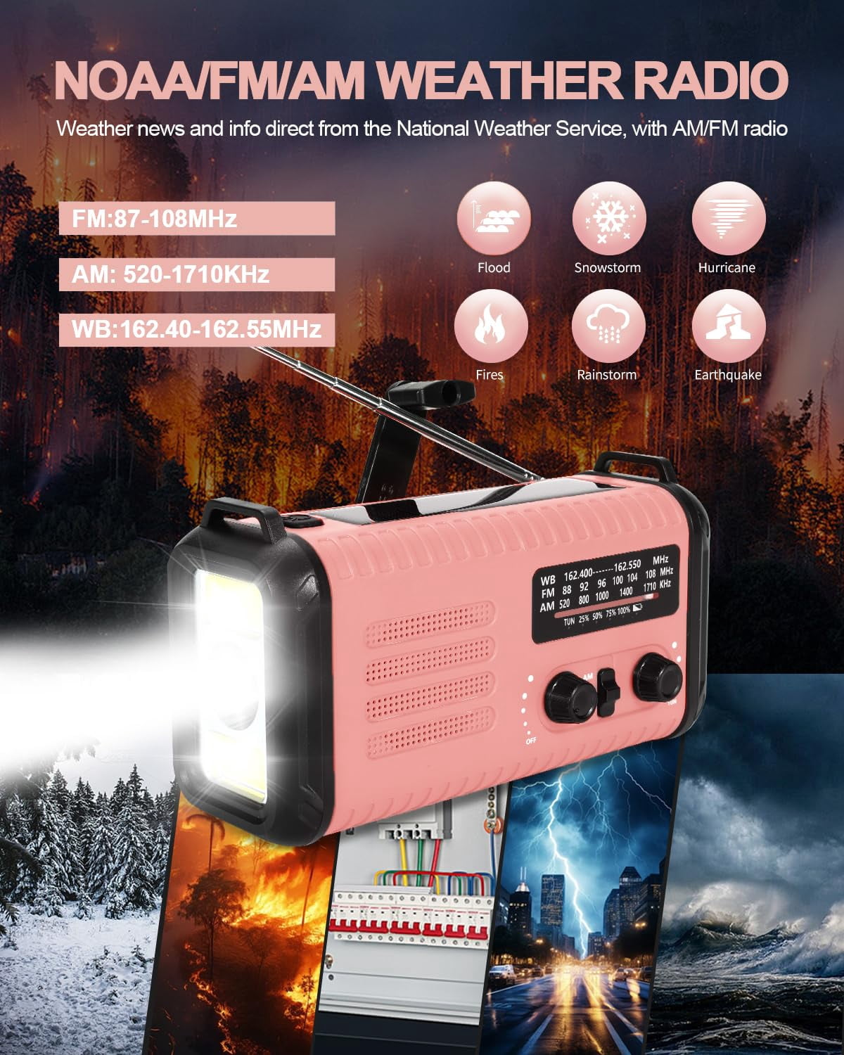 Emergency Crank Radio  20000mah / 74000mwh Solar Hand Weather With Noaa/am/fm Cell Phone Reading Lamp Flashlight & Sos For Emergencies/home (pink)
