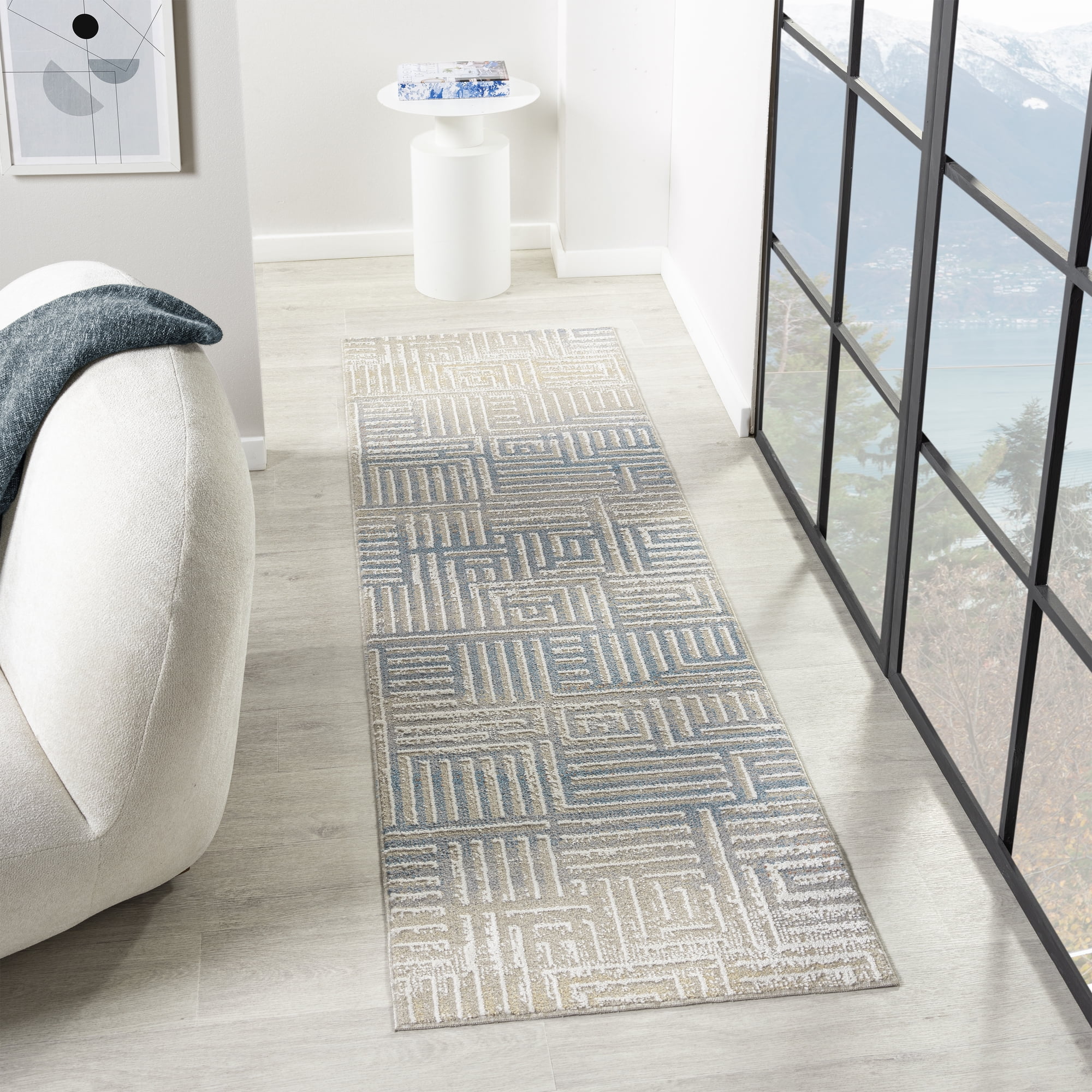 Ox Bay Wesley 2'2" x 7', Gray/Blue Geometric Washable Indoor Runner Rug by Evette Rios