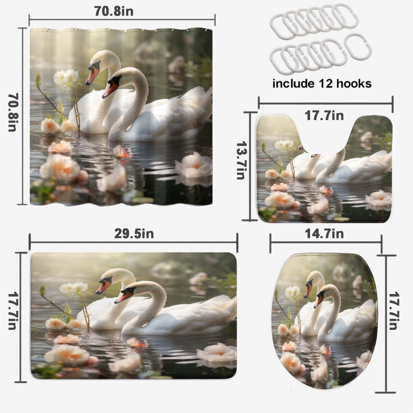 Swan 4 Pcs Shower Curtain Set Forest Lake Floral Green Tree Nature Landscape with 12 Hooks, Bath Mat Set Bathroom Decor by Durable Waterproof Fabric, 72x72 Inch