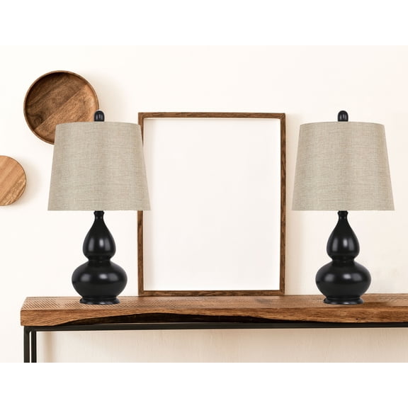 20" Oiled Bronze Accent Lamp w/ Gourd-Shaped Base & Sparkly Natural Linen Shade (Set of 2)