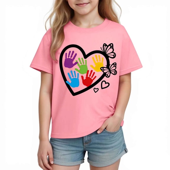 Spazoro Girls Graphic T-Shirts Tee, Crew Neck Short Sleeve Cotton Back to School Casual Tops for Kids Pink Size 4