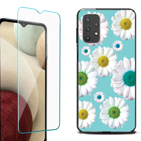 Slim-Fit Flexible TPU Gel Phone Case (black) for Samsung Galaxy A32 5G, with Tempered Glass Screen Protector, by OneToughShield ® - Daisy/Teal