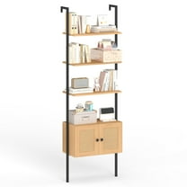 Gymax Wall-Mounted Ladder Shelf 5-tier Bookshelf w/ Rattan-Door Cabinet Display Rack
