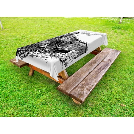 

Steam Engine Outdoor Tablecloth Rustic Old Train in Country Locomotive Wooden Wagons Rail Road with Smoke Decorative Washable Fabric Picnic Tablecloth 58 X 120 Inches Black and White by Ambesonne