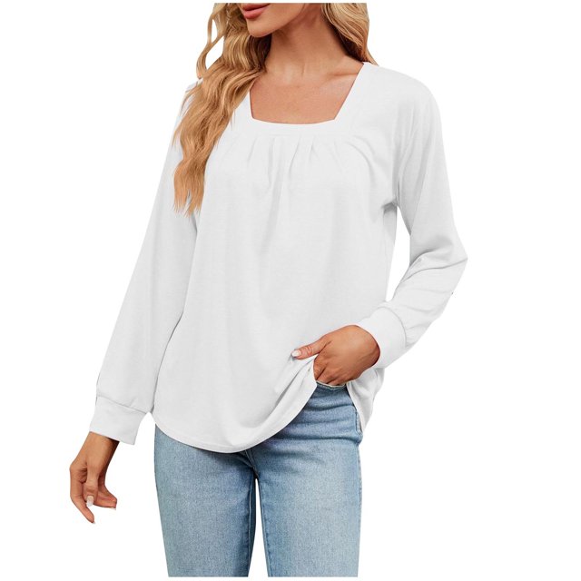 AherBiu Hauts pour Femmes Manches Longues Décontractées Col Carré Blouses d'Automne Amples Confortables Chemises Unies