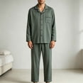 thumbnail image 3 of Iyufng Men's Vertical Striped Pajama Sets 2 Piece Collared Button Down Long Sleeve Shirt & Straight Lounge Pants Soft Daily Home Nightwear Matching Set for Fall and Winter, 3 of 6