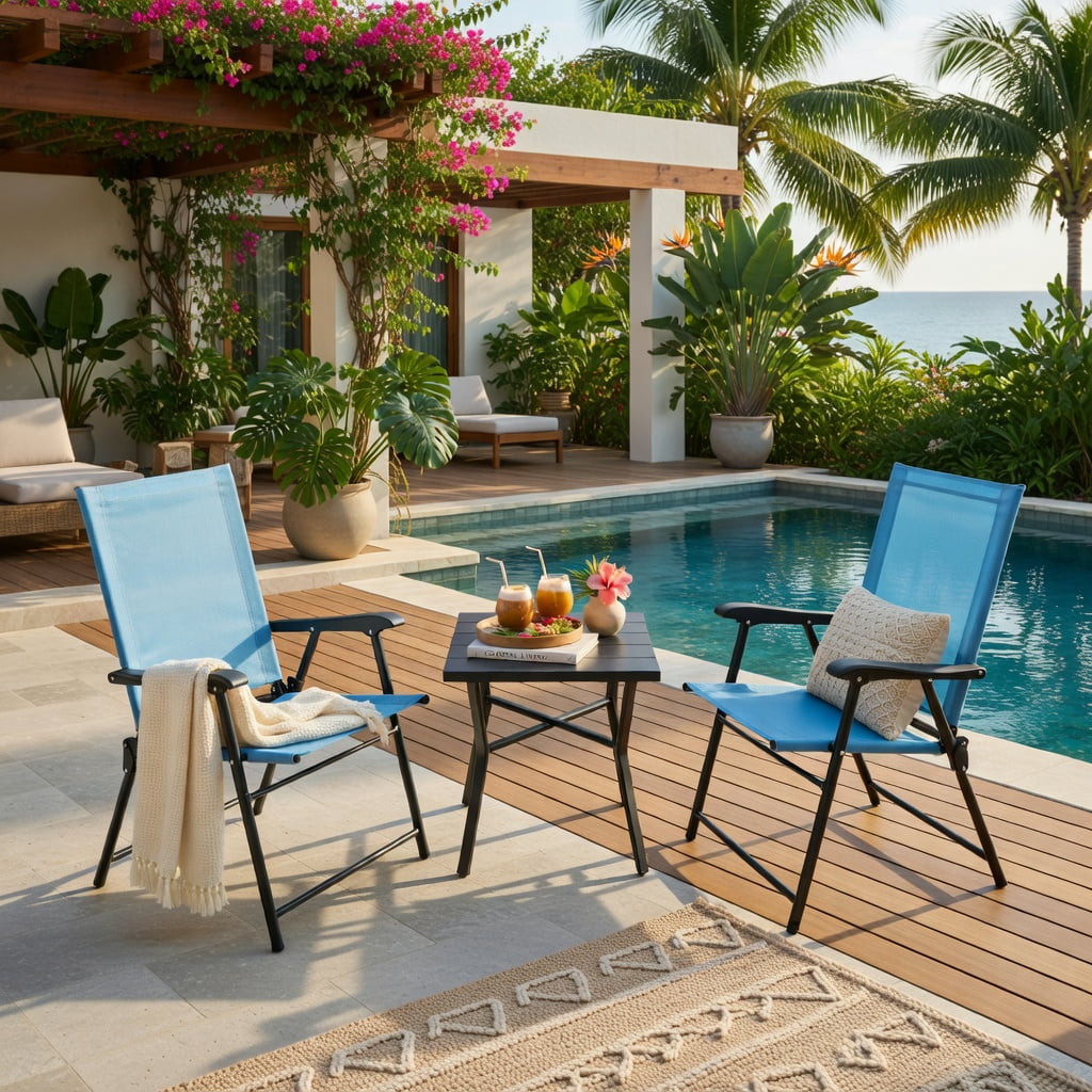 Hommoo 2-Pack Folding Patio Dining Chairs with Armrests, Metal Outdoor Chairs, No Assembly Required, Blue