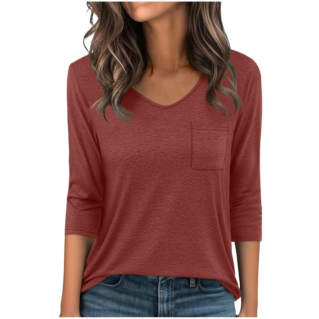 Camisas de Manga Larga Casual de las Mujeres Color Sólido Plisado V-Cuello Blusas para Primavera Verano, Fiesta, Trabajo Y Vacaciones