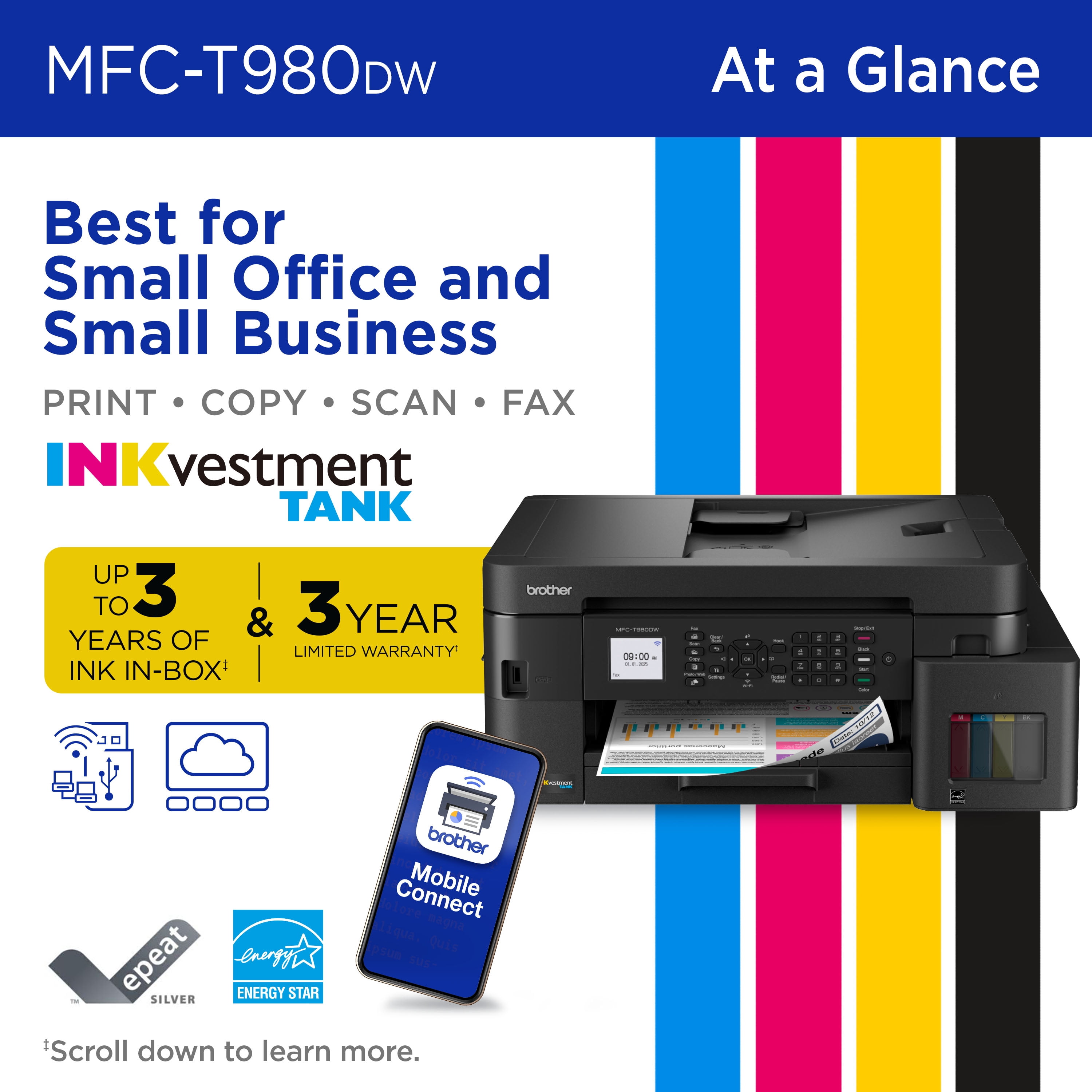 Brother INKvestment Tank 980 MFC-T980DW Wireless and Ethernet Color Inkjet All-in-One Printer with Multipurpose Tray and Up to 3 Years of Ink In-Box and 3-year Limited Warranty