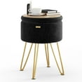 thumbnail image 6 of LammaLoe Small Round Ottoman with Storage, Textured Velvet Ottoman Foot Stool with Lid, Upholstered Vanity Stool for Living Room & Bedroom, Black, 6 of 8