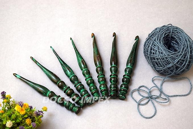 Handmade Ergonomic Wooden Crochet Hooks for Arthritic Hands (Set of 7) Needles for Yarn Accessories | Size 4 mm to 10 mm with Engraved | Yarn Tool (Green)
