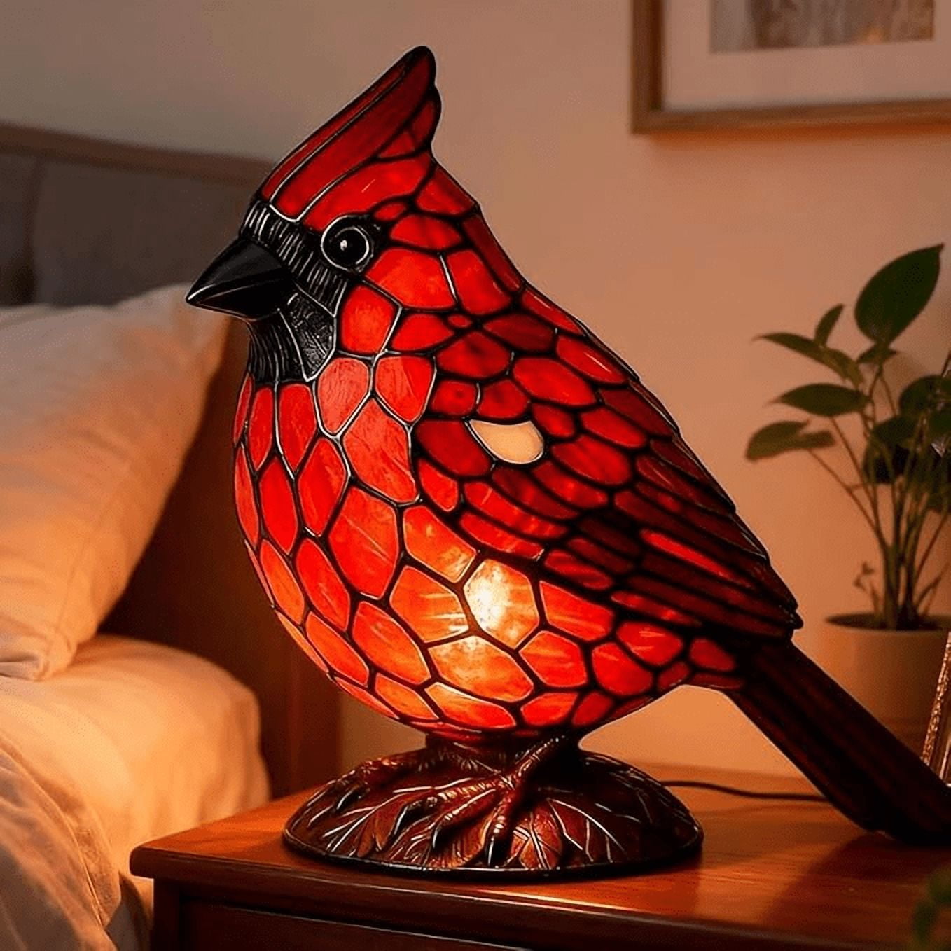 Handmade Stained Glass Red Bird Night Light, Creative Animal Desk Lamp for Bedroom, Study, Nursery Decor