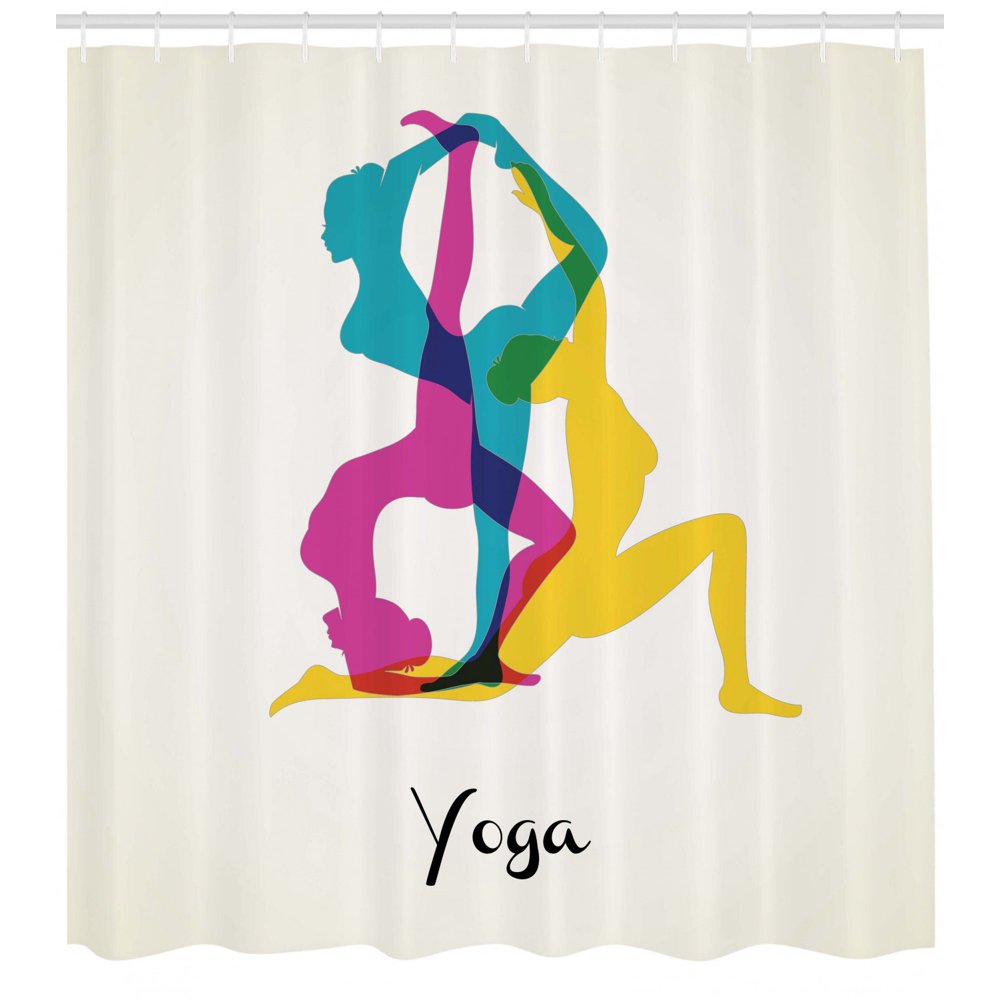 Yoga Decor Shower Curtain Set, Different Yoga Poses Energetic Female In