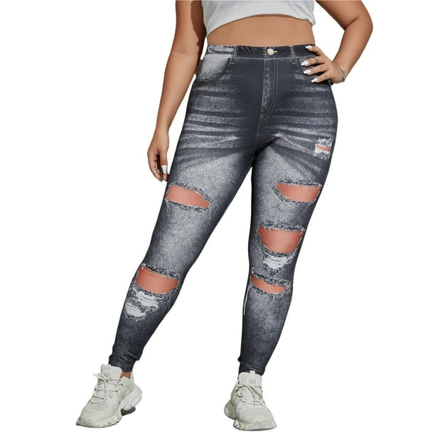Innerwin Plus Size Leggings High Waist Ladies Fake Jeans Workout Look Print  Comfy Oversized Faux Denim Pant Style-B 3XL 