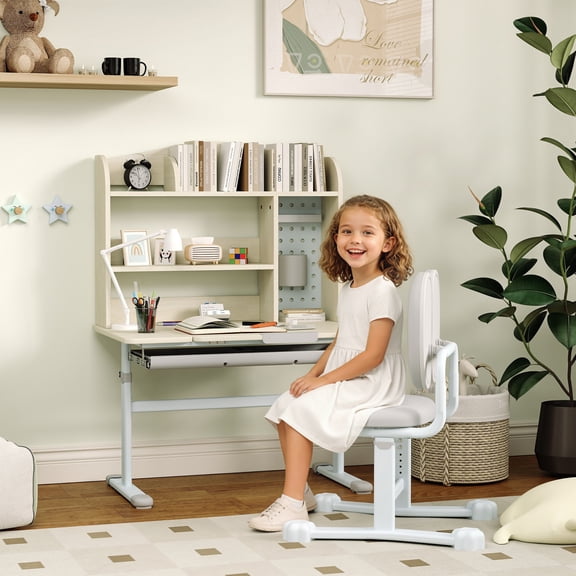 Qaba Kids Desk and Chair Set, Height Adjustable Children Study Desk for Kids with Tiltable Desktop, Hutch and Storage Drawer for Ages 3-12, Gray