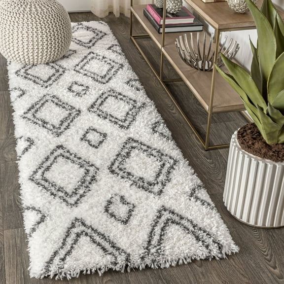JONATHAN Y ALASKA SHAG 2 x 8 Runner Rug, Beni Moroccan Style Diamond - Ivory/Dark Gray, ALA101A-28