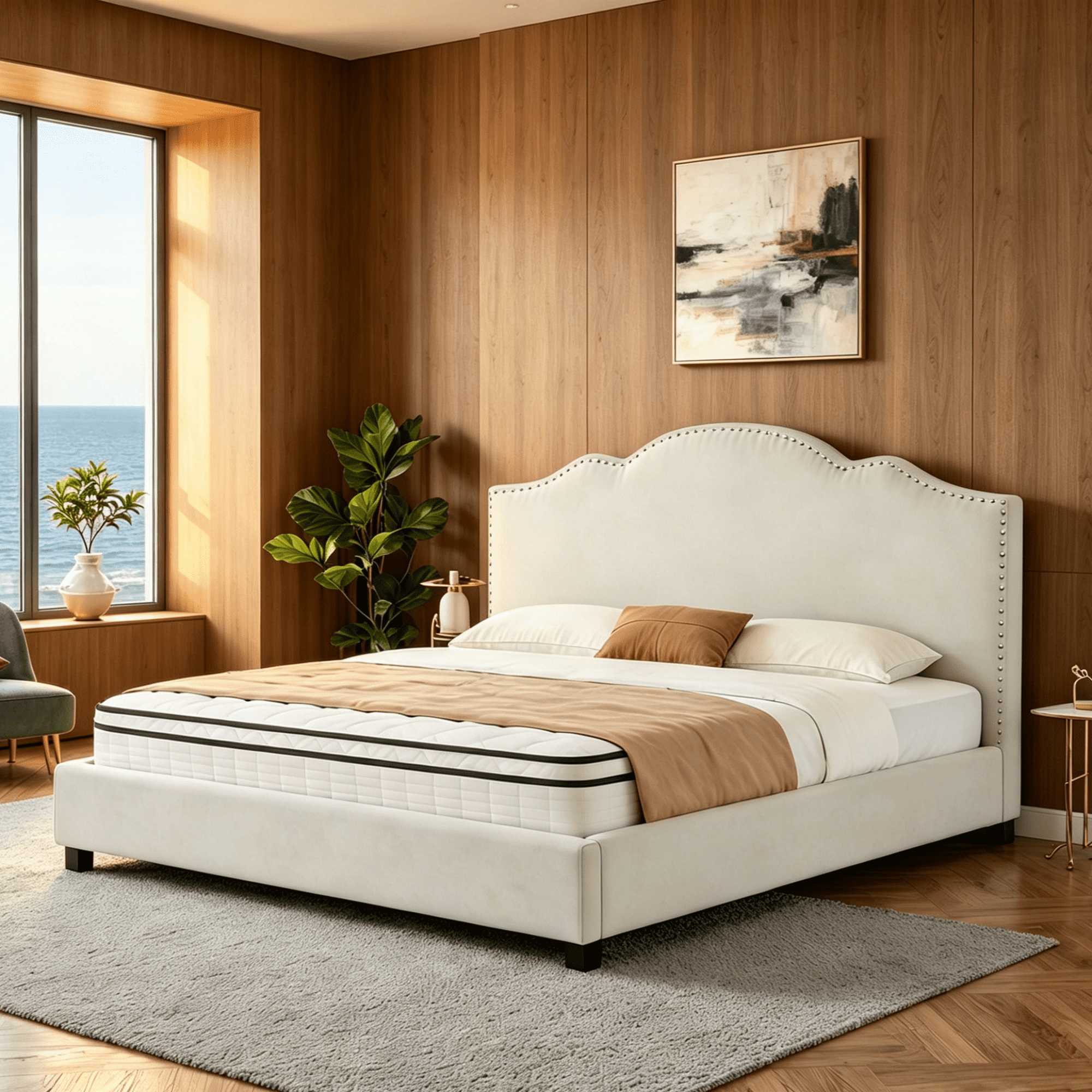 Gewnee King Bed Frame with 55"High Upholstered Headboard,Platform Bed Frame with Nail-Head Trim,No Box Spring Required,Modern Design for Bedroom,Light Grey