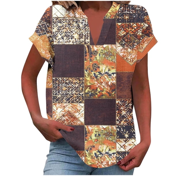 Vestidos Casuales Para Mujer, Blusas De Mujer De Moda Camiseta informal de manga corta con cuello en V y botones para mujer