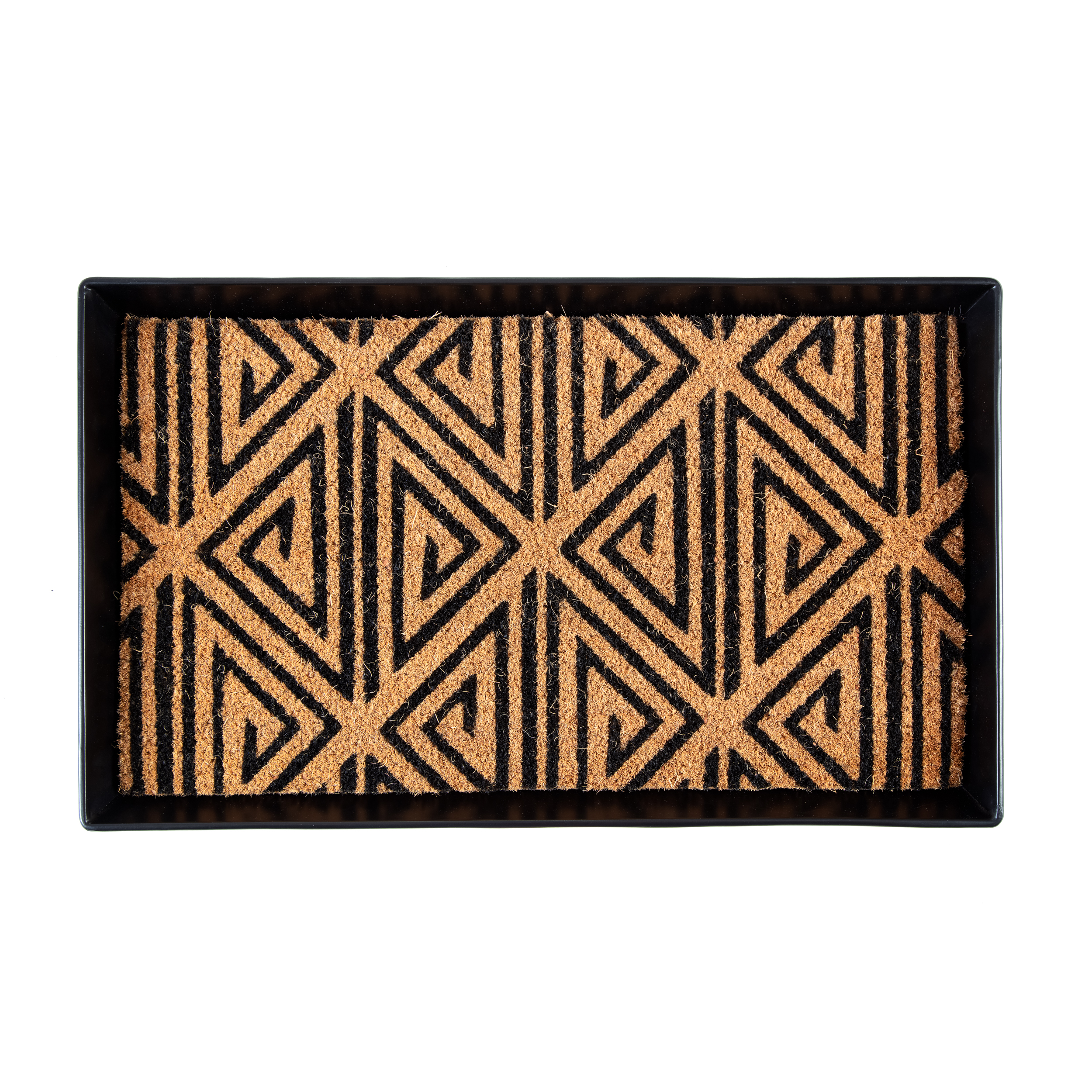Black Metal Boot Tray with Tan & Black Tribal Coir Insert