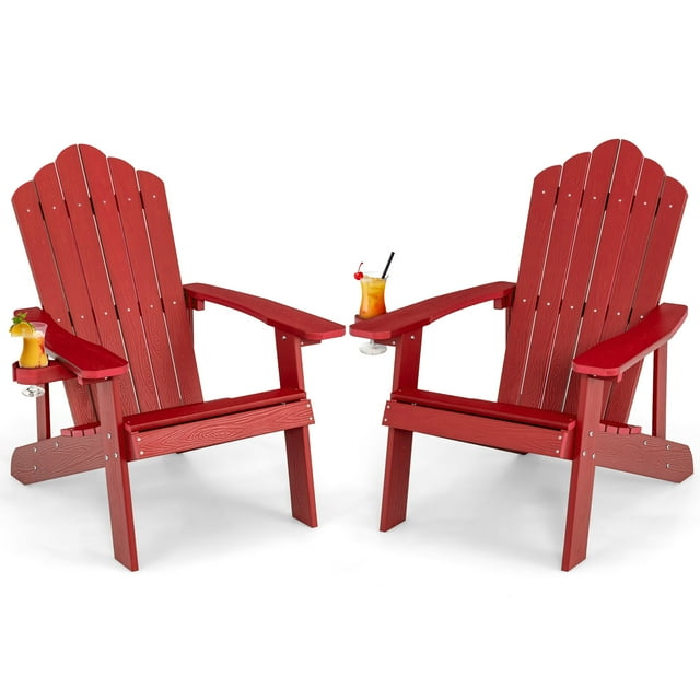 Patiojoy 2 Pcs Chaise Adirondack Hanches Chaise Adirondack avec Porte-Gobelet Grain de Bois Réaliste Chaise d'Extérieur Résistante aux Intempéries pour Capacité de Poids de 380 Lb Rouge