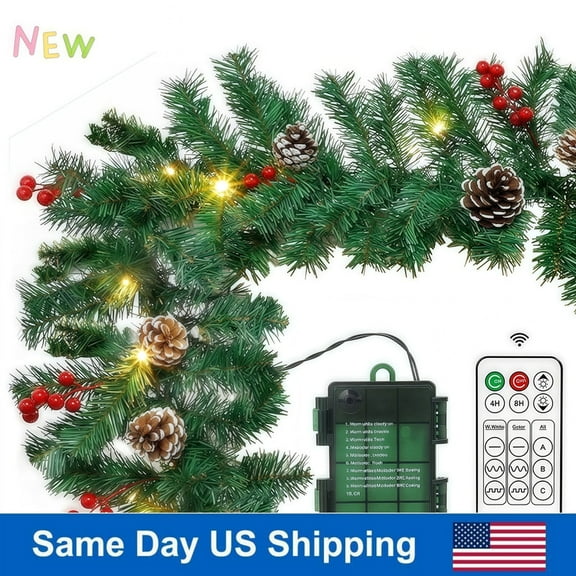 Christmas Garland with Berries, 10ft Pine Remote Color Changing with Built-in Timer.