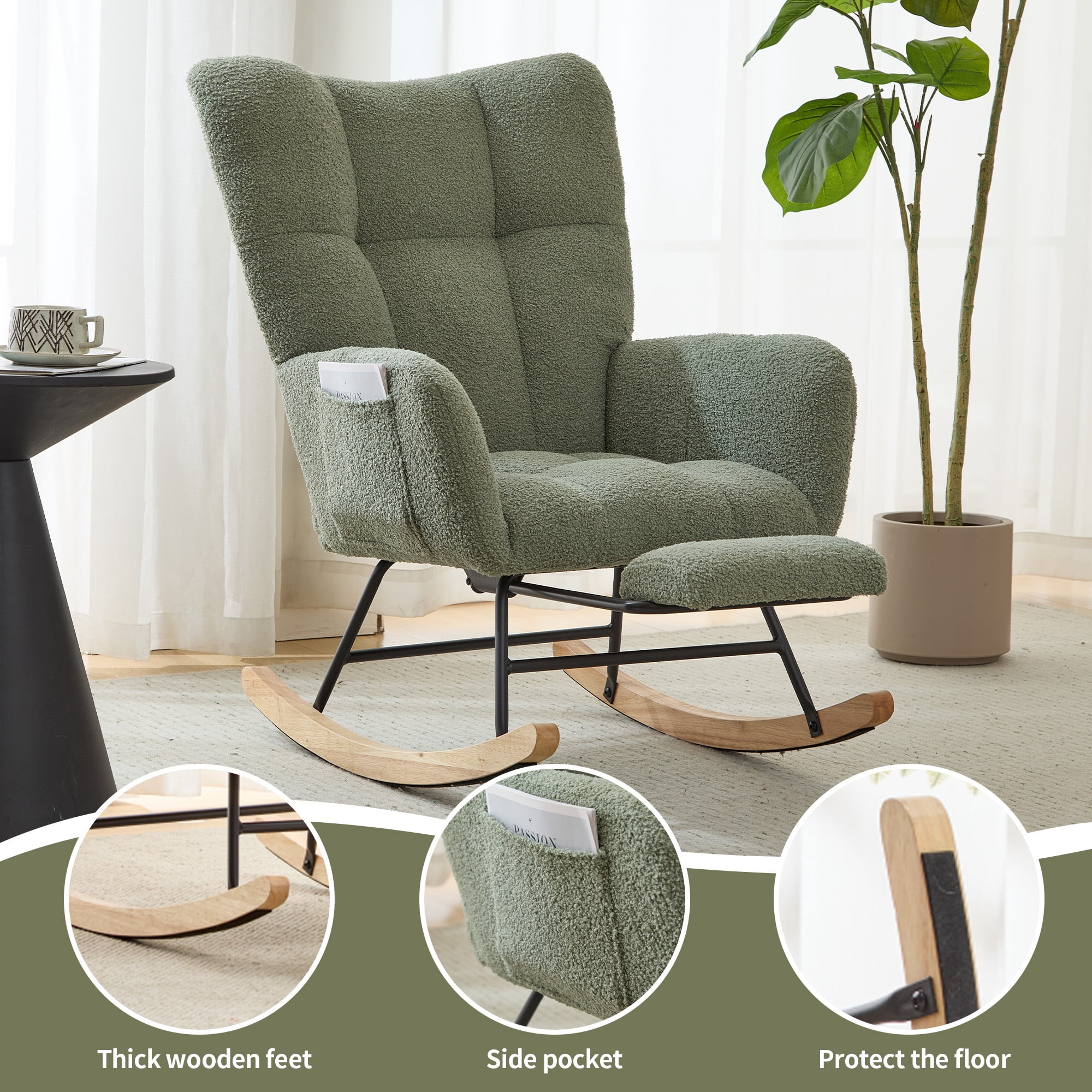 Leumius Nursery Rocking Chair with Footrest,Teddy Fabric Upholstered Glider Rocker Chair with High Backrest,Side Storage Pocket & Solid Wood Legs,Comfy Accent Chair for Living Room Bedroom,Green