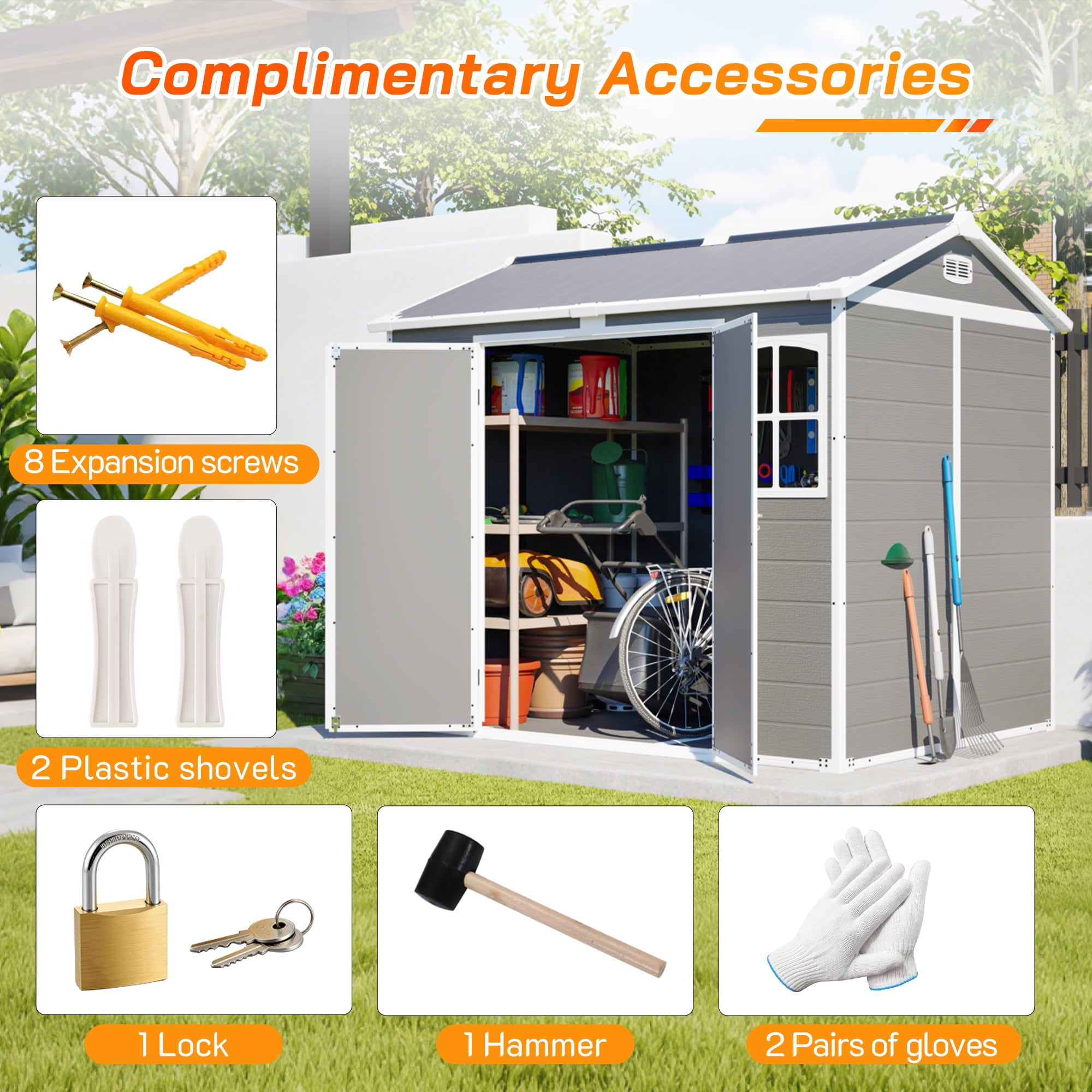 LZBEITEM 8' x 6' Outdoor Resin Shed  with Floor, Garden Plastic Storage Shed Durable, Heavy Duty Lockable Door & Window for Backyard