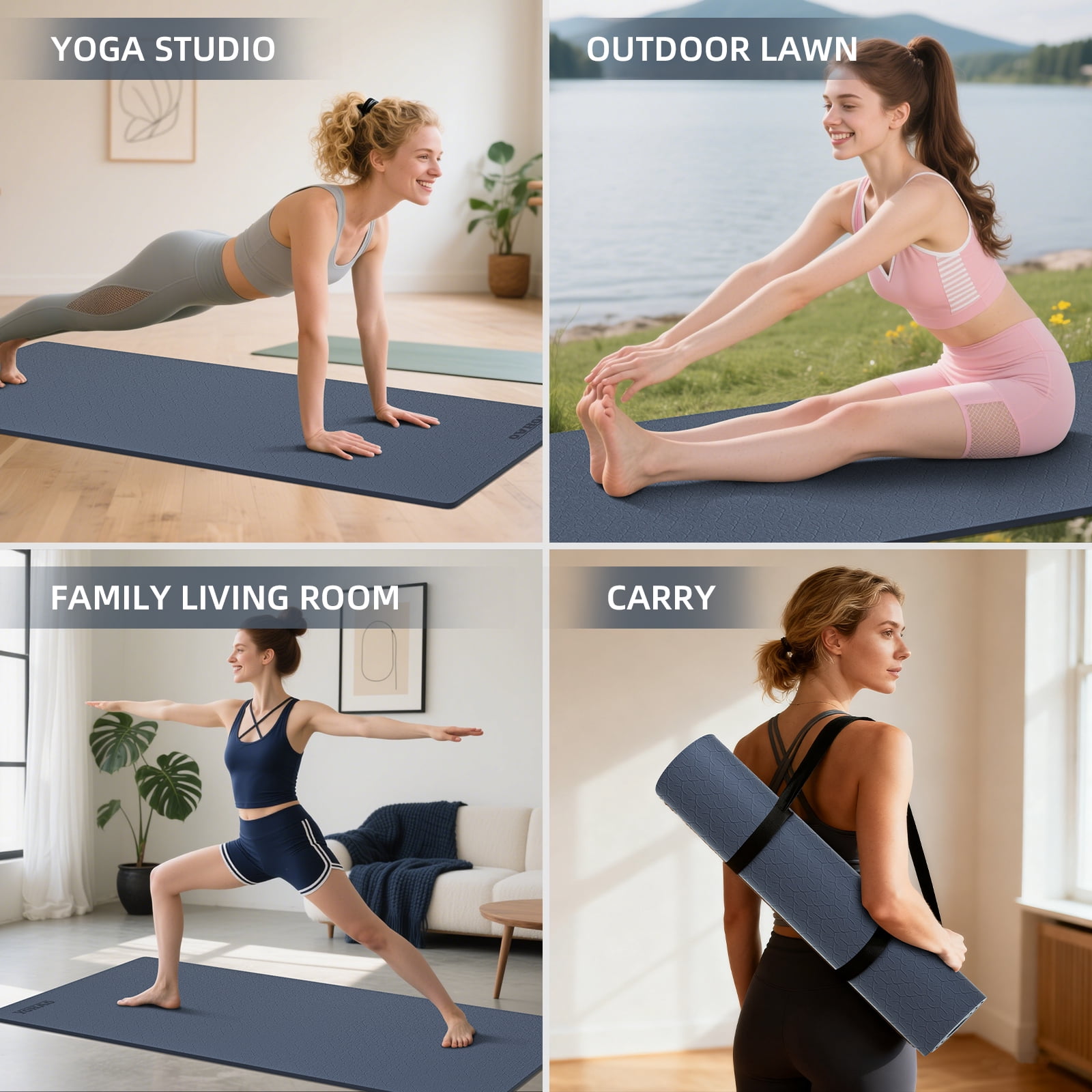 YOHAO Yoga Mat 10mm Thick,72"×26",Non-Slip Eco TPE,Strap included for Travel,Pilates and Fitness Workout(Purplish Blue)